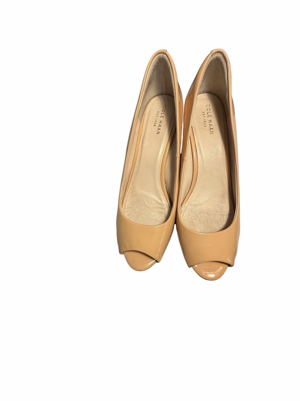 Cole Haan Patent Leather Peep-Toe Wedge Heels in Beige Sz 8B